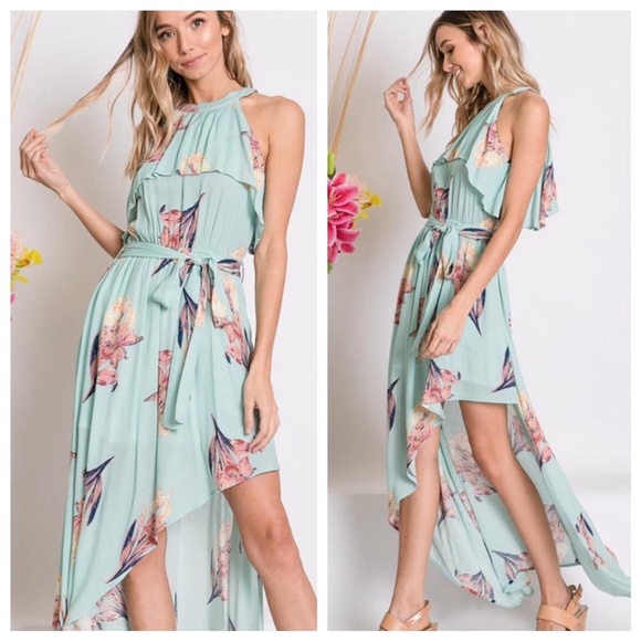 01 Boho Mint Floral Print Ruffle High Low Maxi Dress - Picture 1 of 2